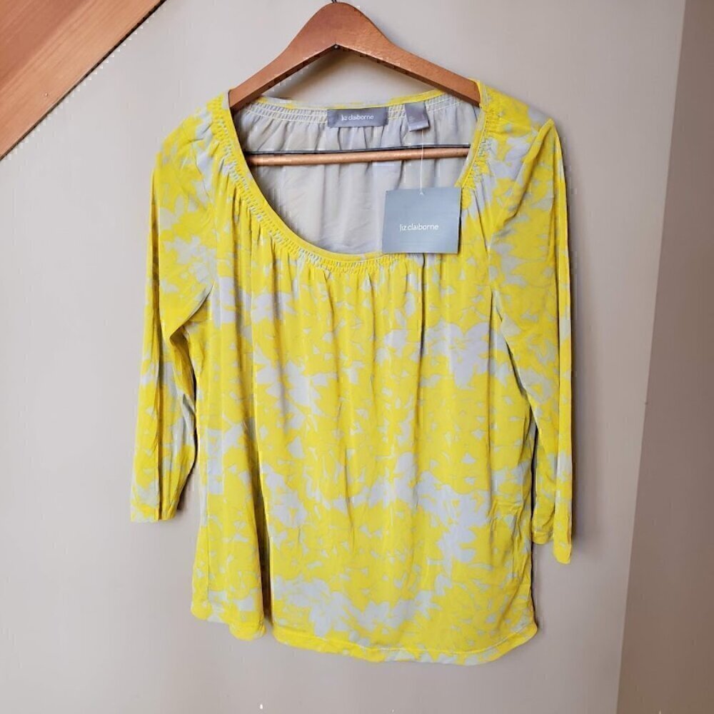 NWT Liz Claiborne Neon Yellow and Grey 3/4 Sleeves Scoop Ruffled Neck Large